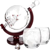 Luxe Whiskey Set - Kristallen Glazen & Karaf - Handgeblazen - Wereldkaart - 1000 ML Globe - Geschenkset 5 Stuk - Karaf Frame