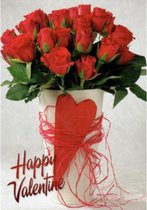 Happy Valentine! Een bijzondere wenskaart met een prachtig boeket rode rozen en een rood hart. Een dubbele wenskaart inclusief envelop en in folie verpakt.