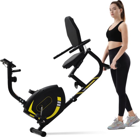 YJZQ Fitness magnetische ligfiets hometrainer-8 weerstandsniveaus opvouwbare hometrainer-pulse rate digitale monitor en snel verstelbare stoel voor cardio-training-264 lb capaciteit-zwart & geel