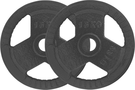 RYZOR Halterschijven set van 2 x 15  kg - Gewichtschijven - Bumper plates - Bankdrukken - Halterset – Halterschijf 15 kg - Gewichten set voor halterstangen - Geschikt voor Olympische halterstang met diameter 50 mm - Gietijzer - Grijs