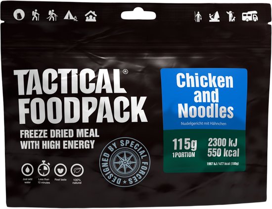Tactical Foodpack Chicken and Noodles (115g) - Gekruide kip met noedels - 550 kcal - buitensportvoeding - vriesdroogmaaltijd - survival eten - prepper - 8 jaar houdbaar - lunch of avondmaaltijd