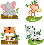 Muursticker set van 4 jungle dieren met naam - Muursticker - Geboorte - Jungle - Dieren - Gepersonaliseerde naam