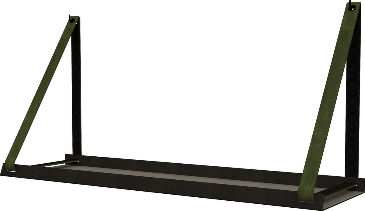 Handles and more - Stalen wandplank zwart 70cm + leren plankdragers Khaki