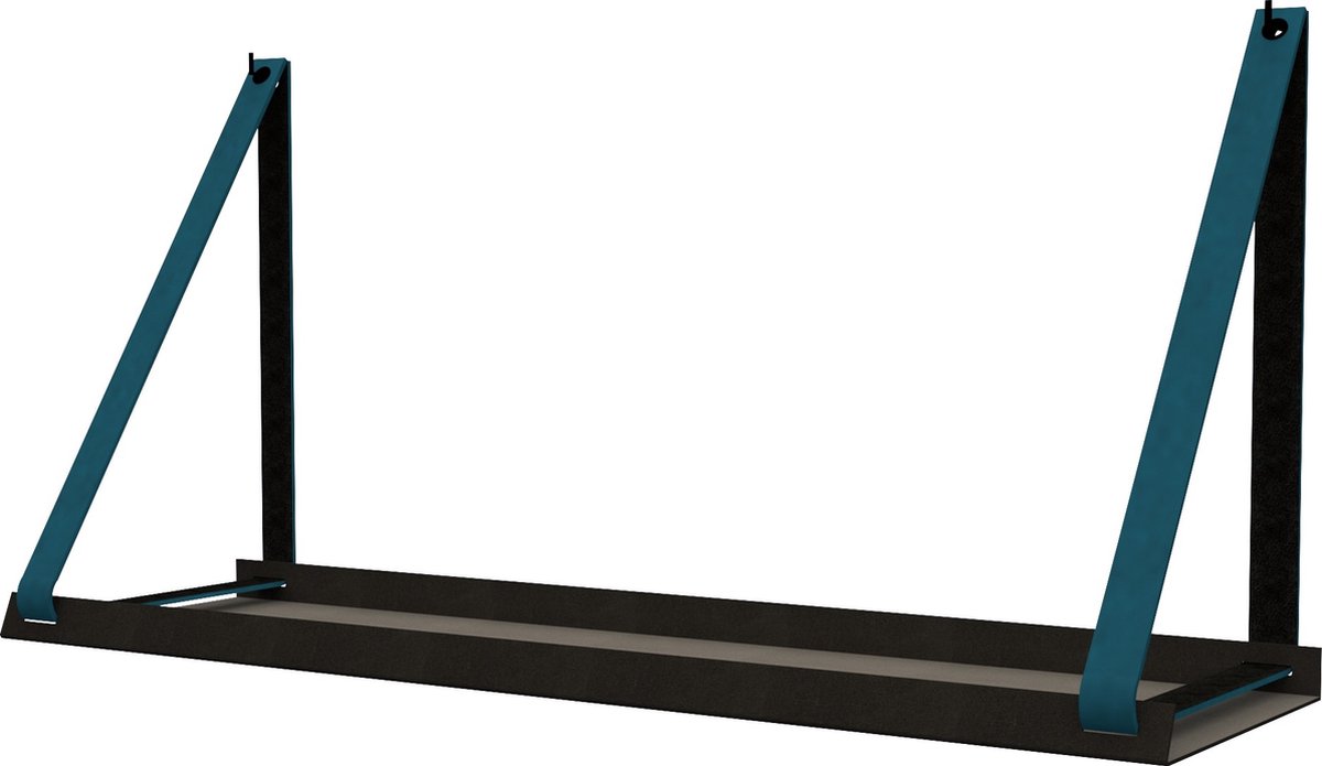 Handles and more - Stalen wandplank zwart 98cm + leren plankdragers Petrol