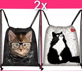 Kattenhebbedingen - 2x Rugzakje - Kat - Poes - Kat zwart/wit met hartje - kat met bril