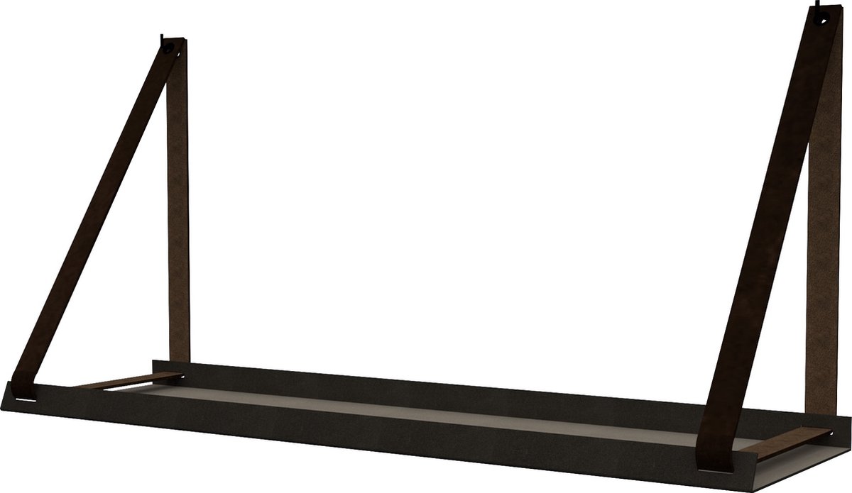 Handles and more - Stalen wandplank zwart 70cm + leren plankdragers Donkerbruin
