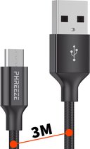 Micro USB kabel 3 Meter | USB A naar Micro USB | Nylon Gevlochten | Quick en Fast Charge | 2.4A Snellaadkabel | Zwart | 3 meter | Phreeze