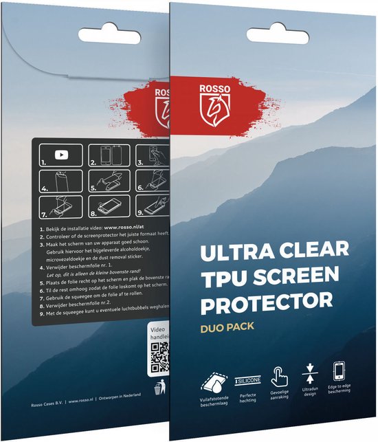 Verpakking van een duo pack schermprotectors met installatie-instructies en eigenschappen icons.