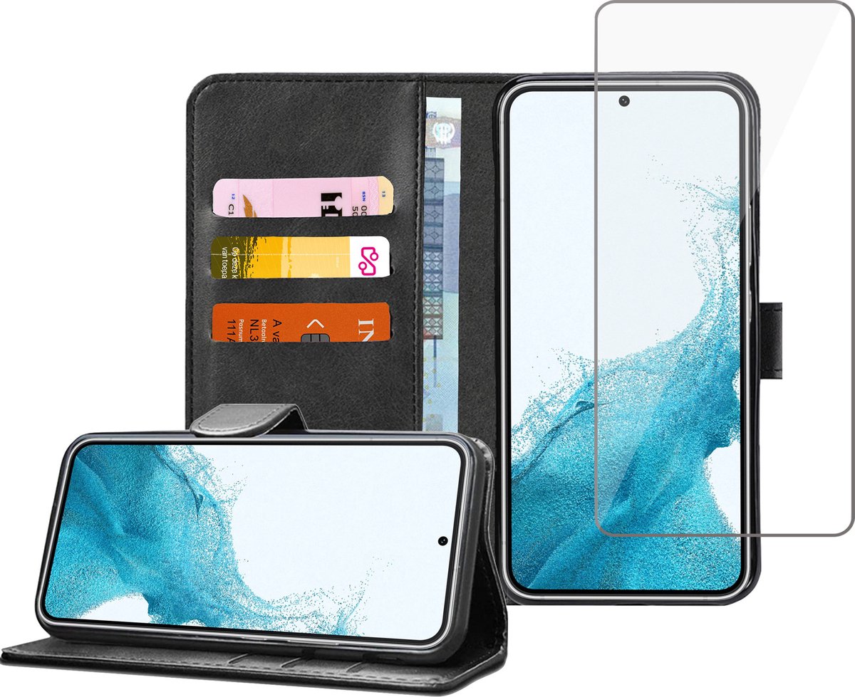 Geschikt voor Samsung S22 Book Case Hoesje - Screenprotector - Flip Portemonnee Zwart met Screen Cover Tempered Glas