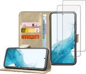 Geschikt voor Samsung S22 Book Case Hoesje - 2x Screenprotector - Flip Portemonnee Goud met Screen Cover Tempered Glas