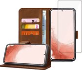 Samsung S22 Plus Book Case Hoesje - Samsung S22 Plus Screenprotector - Flip Portemonnee Bruin met Screen Cover Tempered Glas