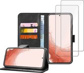 Samsung S22 Plus Book Case Hoesje - 2x Samsung S22 Plus Screenprotector - Flip Portemonnee Zwart met Screen Cover Tempered Glas