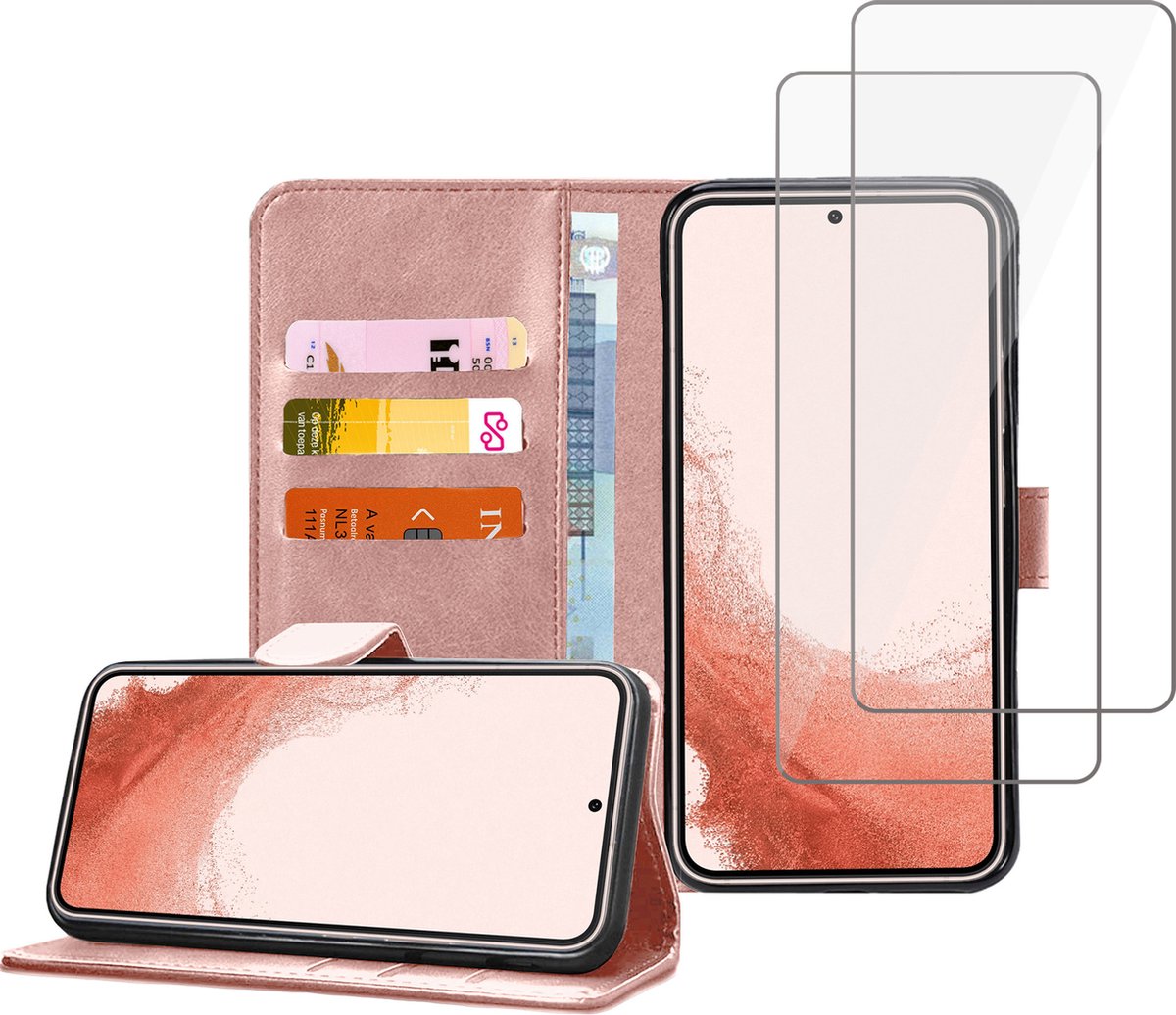 Geschikt voor Samsung S22 Plus Book Case Hoesje - 2x Screenprotector - Flip Portemonnee Rose met Screen Cover Tempered Glas