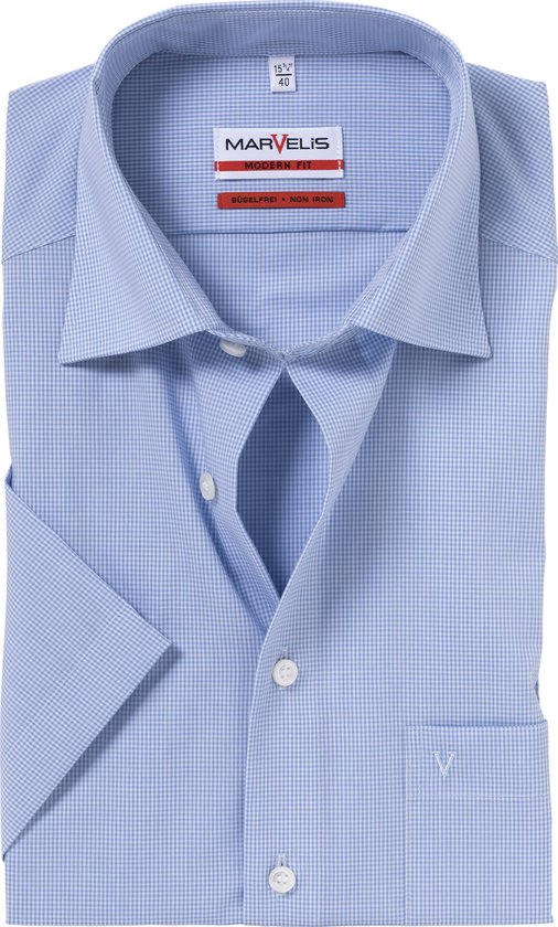 MARVELIS modern fit overhemd - korte mouw - blauw-wit geruit - Strijkvrij - Boordmaat:
