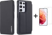 Luxe Telefoonhoesje voor Samsung Galaxy S22 Ultra | Hoogwaardig Leren Bookcase | Luxe Uitstraling | Flip Case | Portemonnee | Zwart + 1x Screenprotector