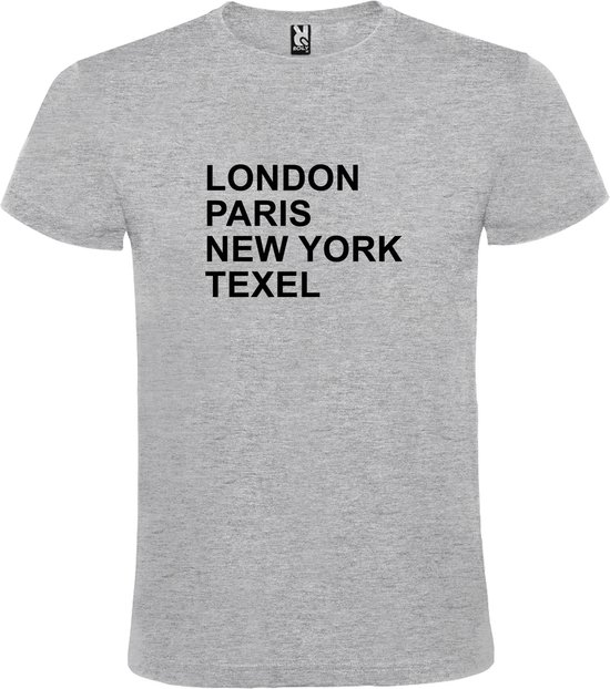 Grijs t-shirt met " London, Paris , New York, Texel " print Zwart size L