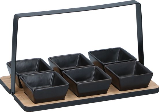 Alpina Serveerschaal met vakjes - Tapas schaaltjes - Bamboe RVS - 6 stuks - 14x24x14cm - Zwart