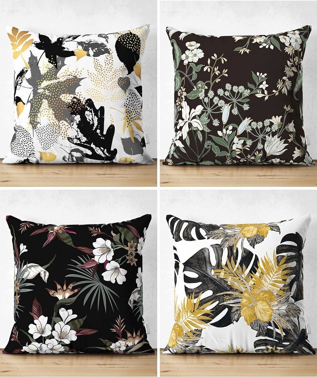 Sierkussens set van 4 stuks - INCLUSIEF BINNENKUSSENS 45x45 cm - bladen - geel - zwart - goud - dubbelzijdig bedrukt - kussensloop - kussens woonkamer - kussenhoes