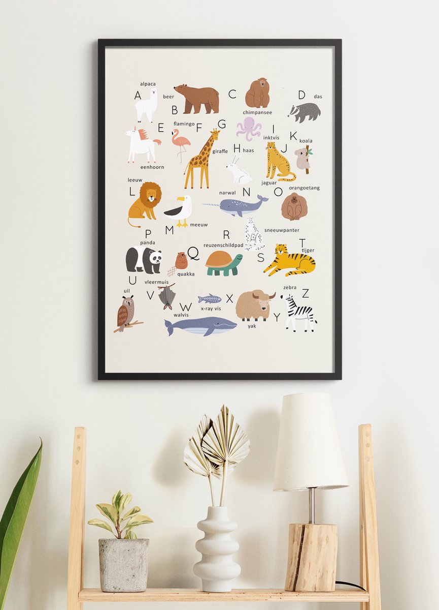 Poster In Zwarte Lijst - Dierenalfabet - Wanddecoratie Alfabet - Dieren Kinderkamer Unisex - Educatief - 70x50 cm