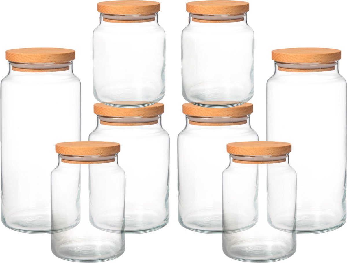 Joy Kitchen glazen voorraadpotten combinatie | Set van 8 potten | houten lucht afsluitende ronde deksels | voorraadpotten glas met deksel | voorraadpotten glas | voorraadpot | keuken voorraad organizer | duurzame hersluitbare voorraadpotten