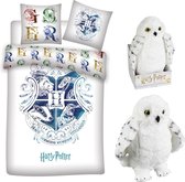 Harry Potter Dekbedovertrek- Katoen- 1persoons- 140x200- Dekbed Draco- Hogwarts Logo, incl Pluche Uil 28 cm- Hedwig