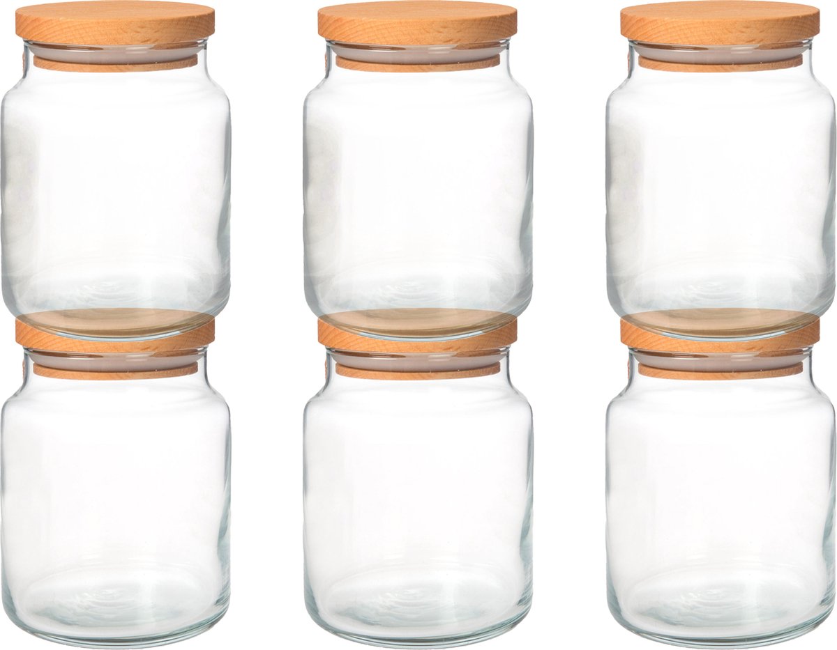 Joy Kitchen set glazen voorraadpotten 290 cc | Set van 6 | houten luchtafsluitende ronde deksels | voorraadpotten glas met deksel | voorraadpotten glas | voorraadpot | keuken voorraad organizer | duurzame hersluitbare voorraadpotten