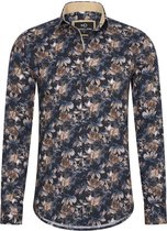 Heren overhemd Lange mouwen - MarshallDenim - Blauw met blauw en beige bloemenprint- Slim fit met stretch - maat S