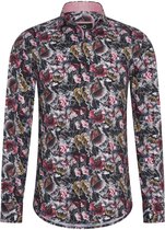 Heren overhemd Lange mouwen - MarshallDenim - Zwart bloemenprint- Slim fit met stretch - maat M