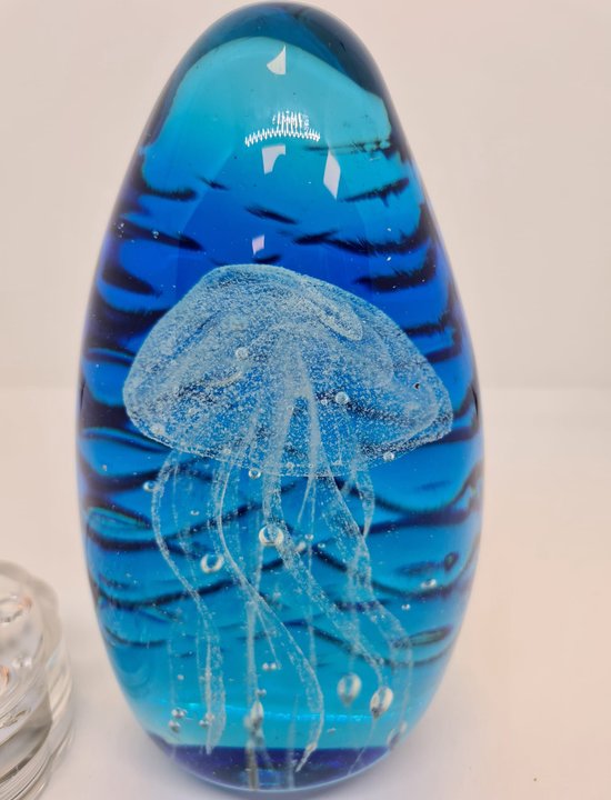 Glassculptuur kwal paper press - blauw met golven 16 cm hoog glas handgemaakt