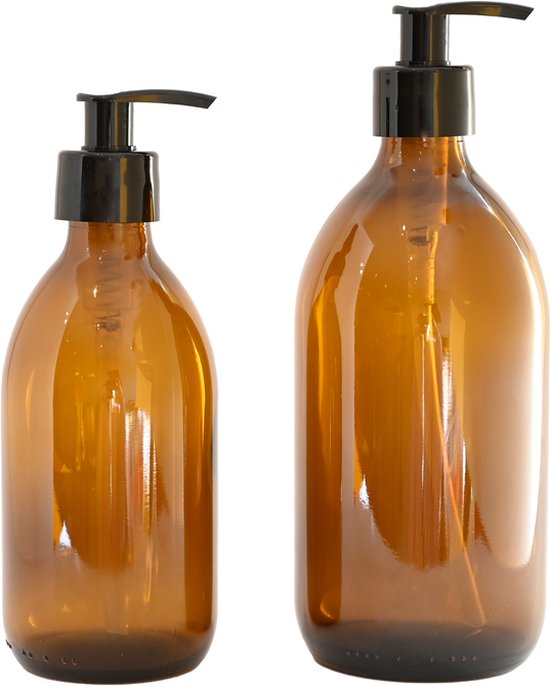 Groeikruid® Zeeppompjes Set Vrijstaand | Zeepdispenser Zwart | 300 ml + 500 ml Amber glas met Plastic Pompkopje | Navulbaar