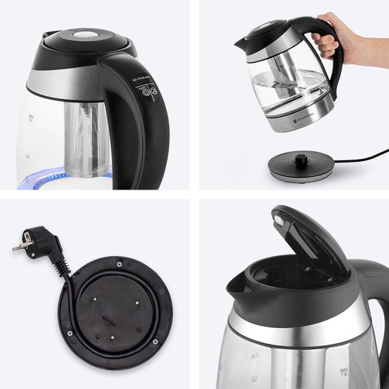 Set van 4 afbeeldingen: glazen waterkoker, hand die theefilter verwijdert, snoeropbergruimte, en close-up van deksel.