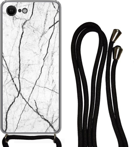 Telefoonkoord - Telefoonketting - Telefoonhoesje Geschikt voor iPhone 8 - Marmer print - Zwart - Wit - Siliconen - Crossbody - Telefoonhoesje met koord Telefoonhoesje