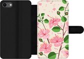 Bookcase Geschikt voor iPhone SE 2020 telefoonhoesje - Bloem - Roze - Blad - Patroon - Met vakjes - Wallet case met magneetsluiting