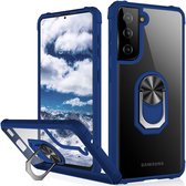 Samsung S21 hoesje - Premium Shock Proof hoesje transparant Blauw randen backcover case met kickstand - Samsung Galaxy S21 hoesje met Ring houder / Ring vinger houder / standaard