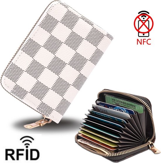 RFID  Portemonnee met rits PU-leder white square / Creditcardhouder-Pasjeshouder met RFID anti-skim functie / waaier dames - heren portemonnee.