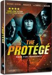 DVD-hoes 'The Protégé' met Michael Keaton, Maggie Q en Samuel L. Jackson. Centraal staat Maggie Q met een wapen. Onderaan staat de titel.
