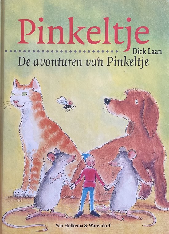Boek 'De avonturen van Pinkeltje' met illustratie van een jongen, twee muizen, een kat en een hond.