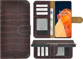 Hoesje OnePlus 9 Pro - Bookcase - Portemonnee Hoes Echt leer Wallet case Croco Kastanjebruin