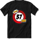 37 Jaar Hoera Verkeersbord T-Shirt | Grappig Verjaardag Cadeau | Dames - Heren | - Zwart - M