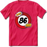 86 Jaar Hoera Verkeersbord T-Shirt | Grappig Verjaardag Cadeau | Dames - Heren | - Roze - L