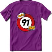 91 Jaar Hoera Verkeersbord T-Shirt | Grappig Verjaardag Cadeau | Dames - Heren | - Paars - M