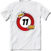 11 Jaar Hoera Verkeersbord T-Shirt | Grappig Verjaardag Cadeau | Dames - Heren | - Wit - L