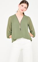 LOLALIZA Blouse met driekwartsmouw en rits - Khaki - Maat 40