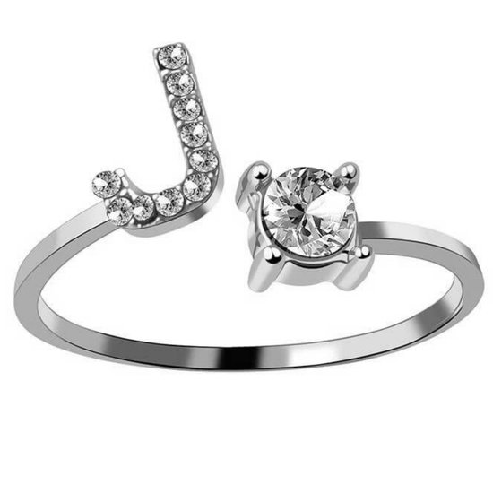 Ring Met Letter - Ring Met Steen - Letter Ring - Ring Letter - Initial Ring - Zilver 925 Letter J - Cadeautje voor haar