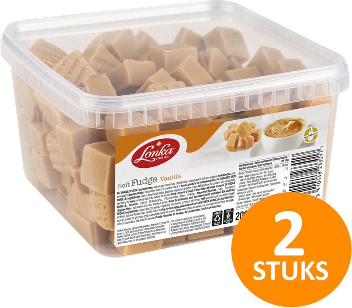 Lonka Fudge Vanille blokjes snoep in tub - lekkernij bij koffie en thee - voordeelverpakking 2 dozen à 2 kg snoepgoed