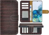 Hoesje Geschikt voor Samsung Galaxy S20 - Bookcase Hoesje - S20 Wallet Book Case Echt Leer Croco Kastanjebruin Cover