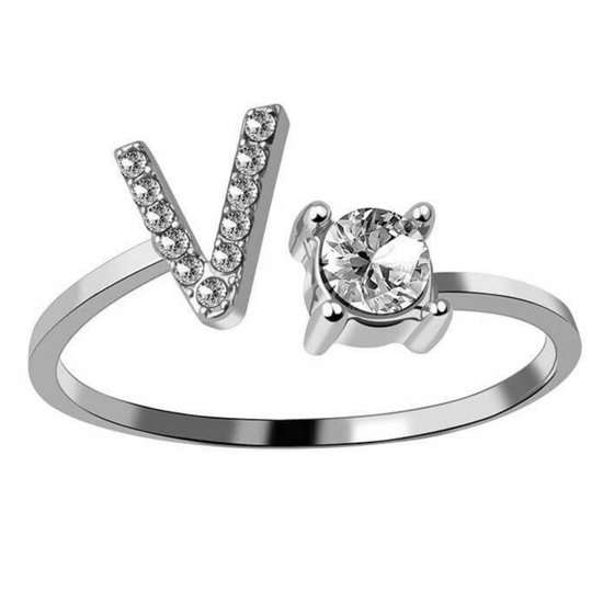 Ring Met Letter - Ring Met Steen - Letter Ring - Ring Letter - Initial Ring - Zilver Letter V - Cadeautje voor haar