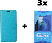 Samsung Galaxy A22 4G Telefoonhoesje - Bookcase - Ruimte voor 3 pasjes - Kunstleer - met 3x Tempered Screenprotector - SAFRANT1 - Turquoise