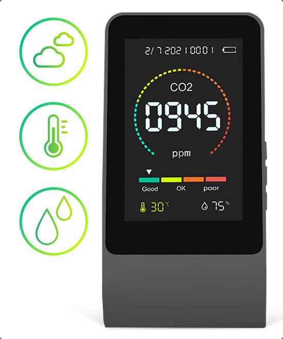 CO2-Meter met NDIR-sensor - Meet Temperatuur, Vochtigheid en co2-niveaus - Conform de Nederlandse wetgeving - Intelligent Alarm - Automatisch Kalibratie - Kleurcodes - Levensduur Batterij tot 6 uur CO2-Meter met NDIR-sensor - Meet Temperatuur, Vochtigheid en co2-niveaus - Conform de Nederlandse wetgeving - Intelligent Alarm - Automatisch Kalibratie - Kleurcodes - Levensduur Batterij tot 6 uur