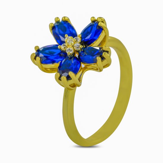 Silventi 9SIL-21817 Zilveren Ring - Dames - Zirkonia - Bloem - Blauw - 14,2 mm Doorsnee - Maat 54 - Zilver - Gold Plated (Verguld/Goud op Zilver)